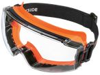 Предпазни очила с прозрачни лещи, оранжева рамка и черна регулируема лента за глава