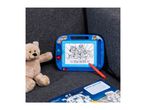 A blue Paw Patrol magnetic drawing board with a red pen, a teddy bear, and a book.