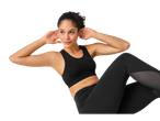 Femeie făcând abdomene cu un sutien sport negru și leggings.