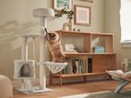 A cat plays on a grey Cat Activity Tower next to a light wood shelf.