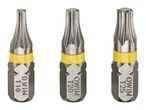 Three silver screwdriver bits with yellow bands, labeled T10, T20, and T25.
