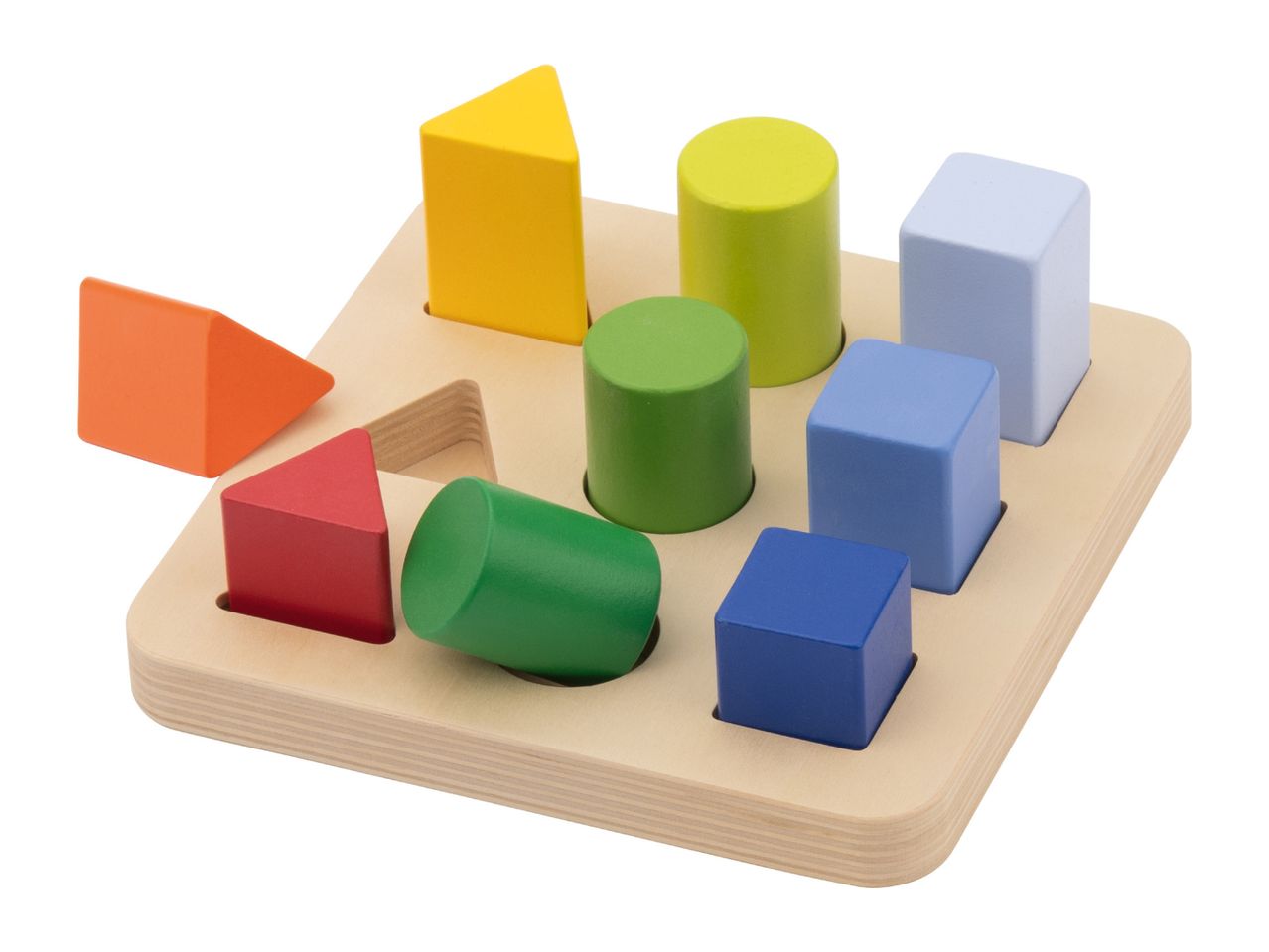 Wooden shape sorter with colorful geometric blocks including triangles, cylinders, and cubes.