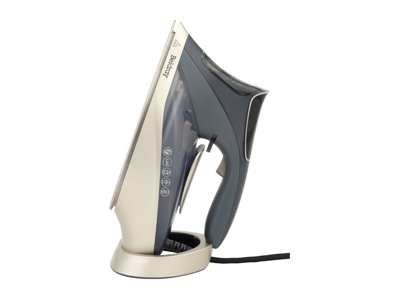 Cordless steam iron in grey and gold, standing upright on its charging base.