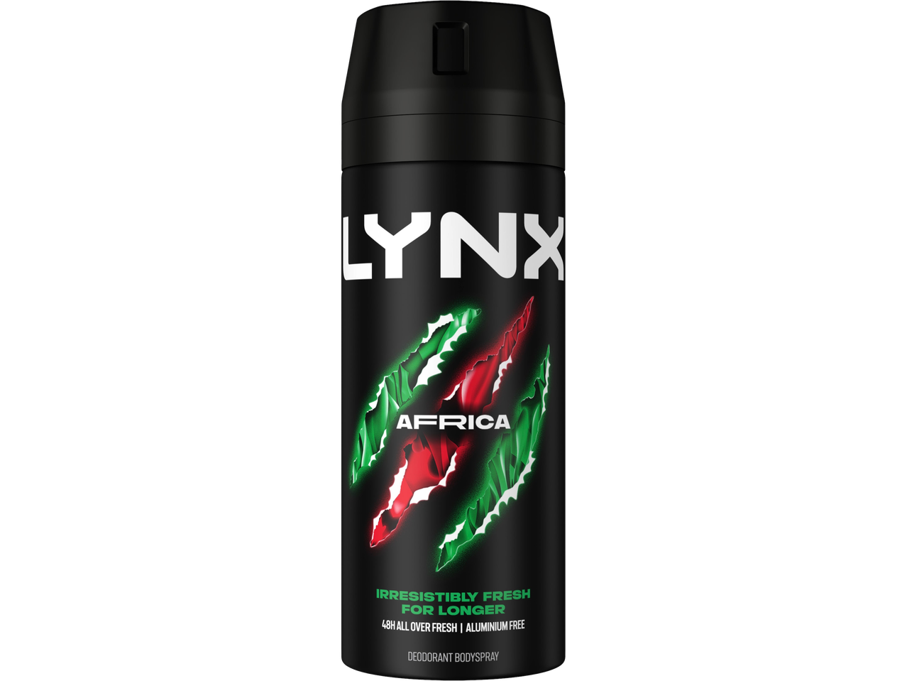 Lynx Africa deodorant bodyspray with a black can and green and red claw mark design.