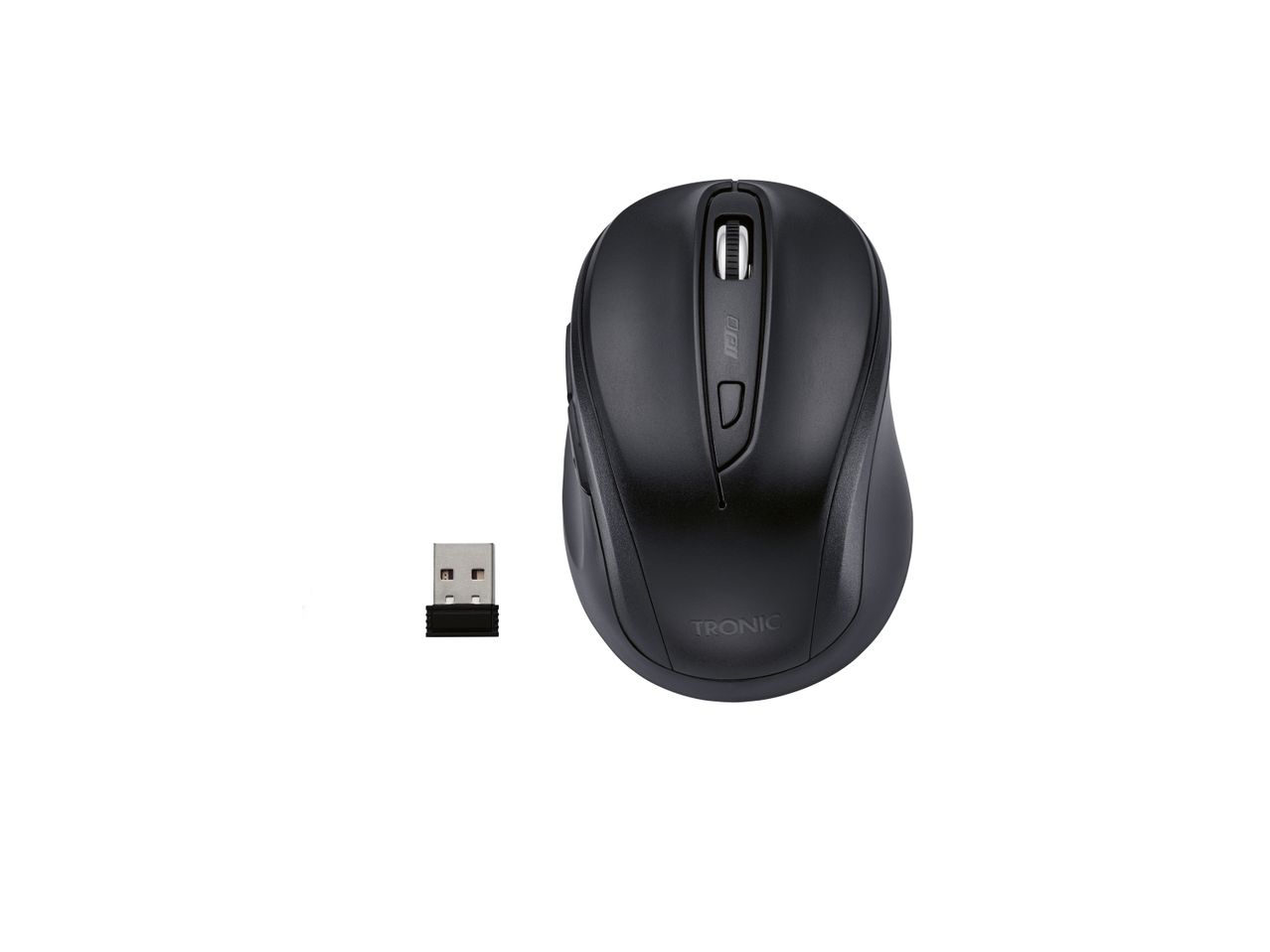 A black wireless mouse with its USB receiver.