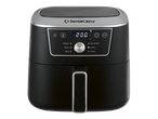 Black air fryer with a digital display showing 200 degrees Celsius and various cooking functions.