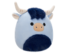 A light blue Squishmallows plush toy with dark blue fur patches and horns.