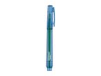 A blue and green highlighter pen with a clip, standing upright.
