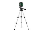 Green laser level on a silver tripod.