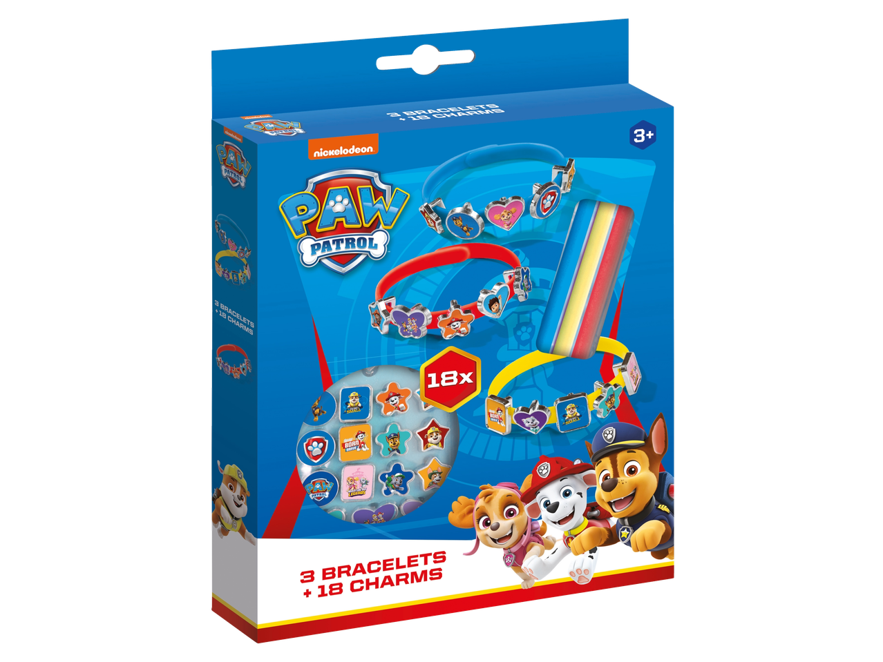 Paw Patrol armbandenset met 3 armbanden en 18 bedels, aanbevolen vanaf 3 jaar.