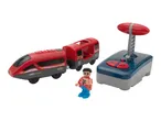 A red toy train, a small figure, and a blue and gray remote control.