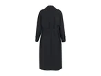 Back view of a dark blue long trench coat with a belt and button details on the sleeves.