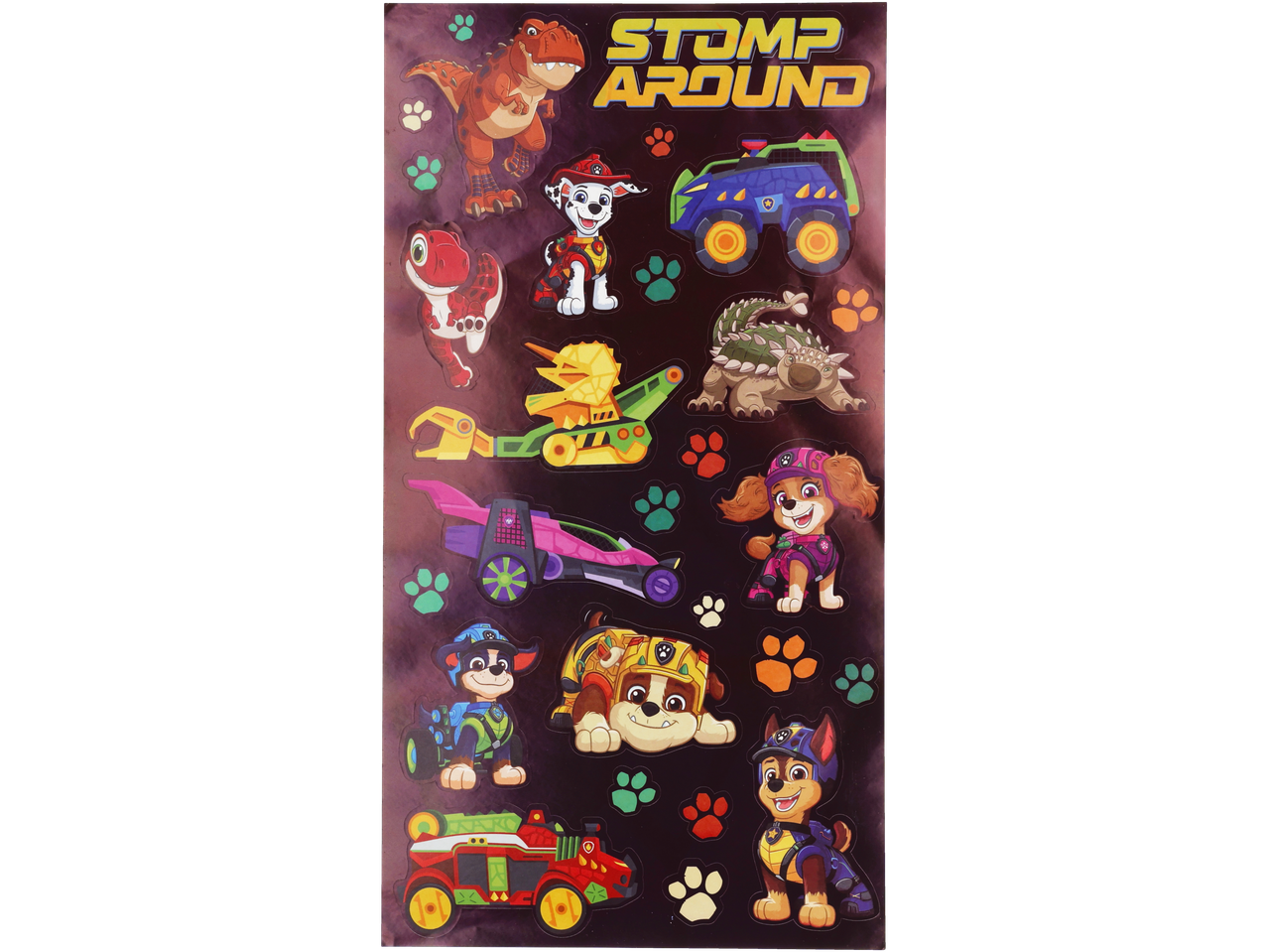 Stickers met dinosaurussen en Paw Patrol-personages, met de tekst „STOMP AROUND”.