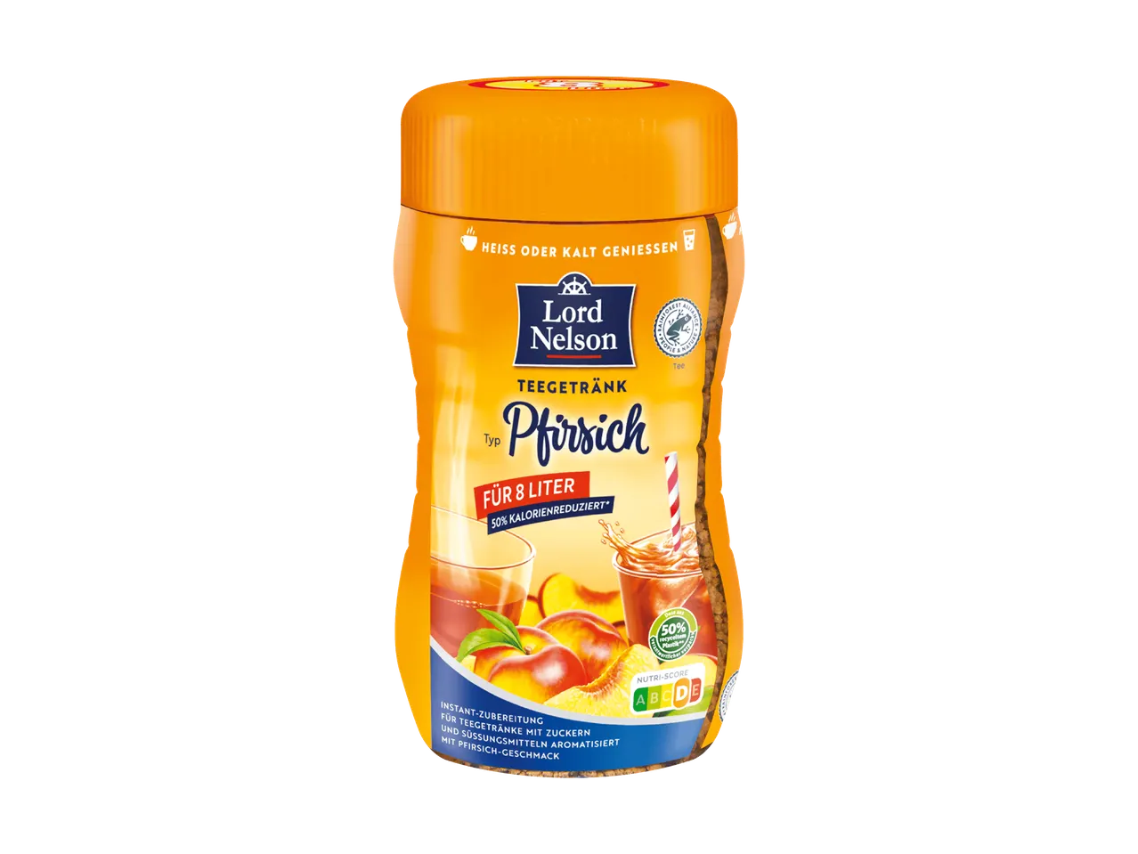 Pfirsich-Teegetränk in orangefarbener Dose, heiß oder kalt genießbar, für 8 Liter.