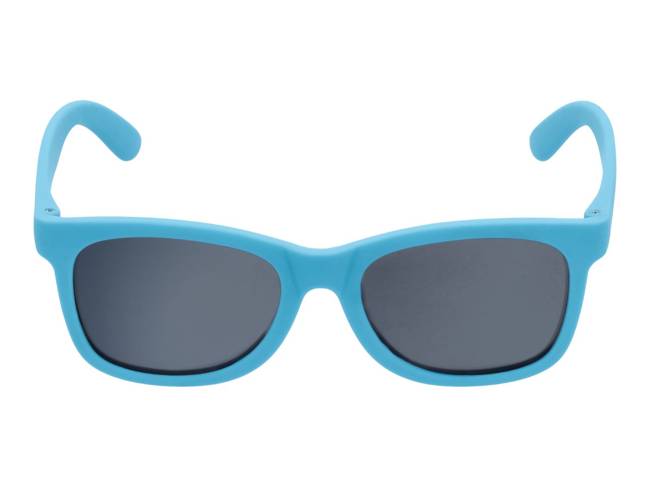Front view of a pair of blue children's sunglasses with dark lenses.