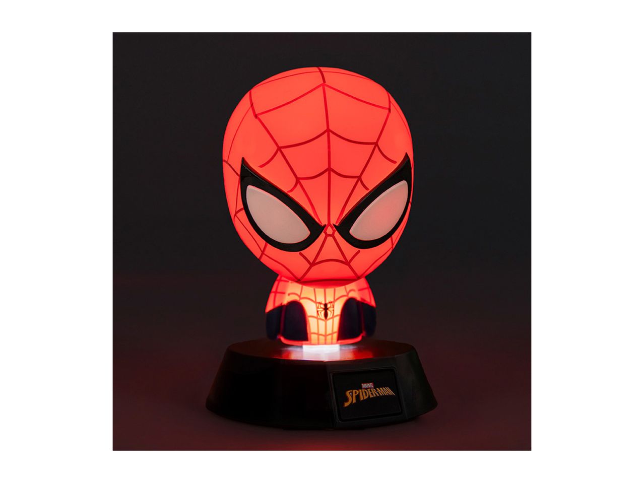 A glowing red superhero character lamp with a black base and a gold logo.