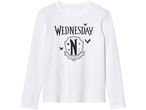 White long-sleeve t-shirt with a black 'WEDNESDAY' logo and a crest featuring an 'N' and bats.