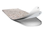 Ironing board cover with a leaf pattern, showing layers 1 and 2, and the perforated board.