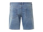 Back view of light blue denim shorts.