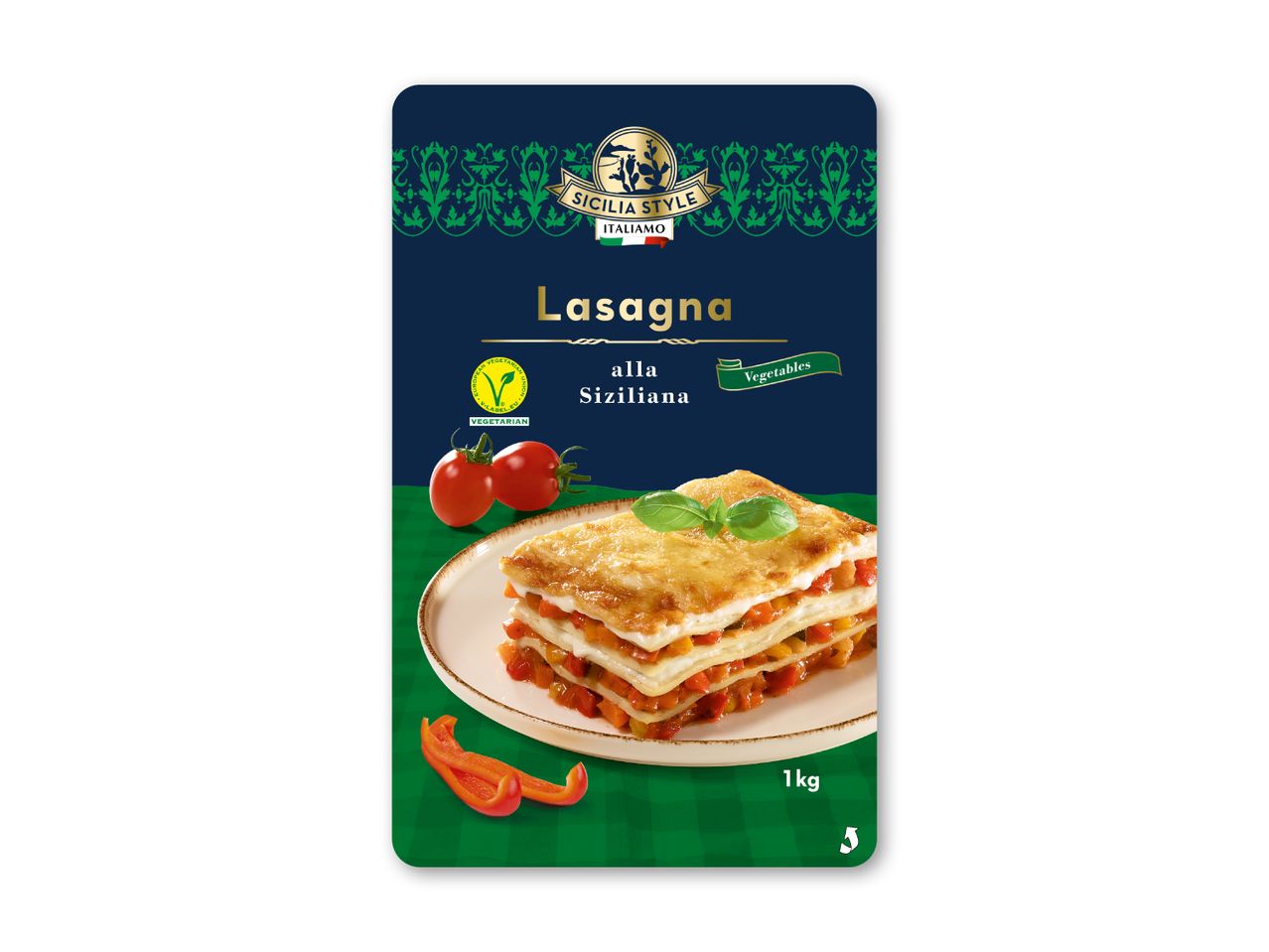 Pakke med vegetarisk lasagne alla Siziliana med tomater og peberfrugt, 1 kg.