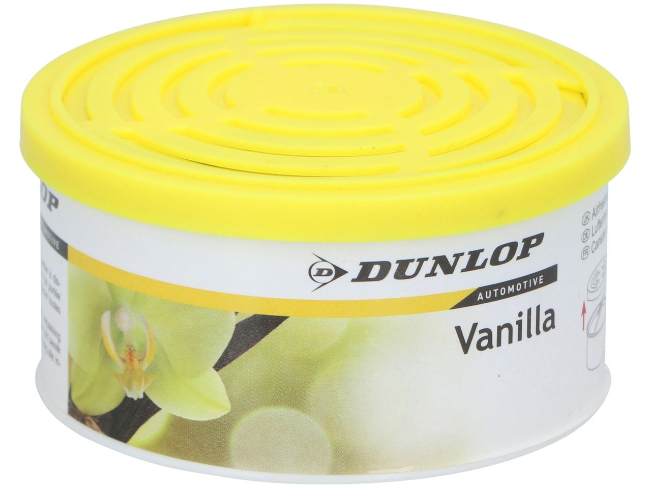 Un barattolo di deodorante per auto Dunlop al profumo di vaniglia.
