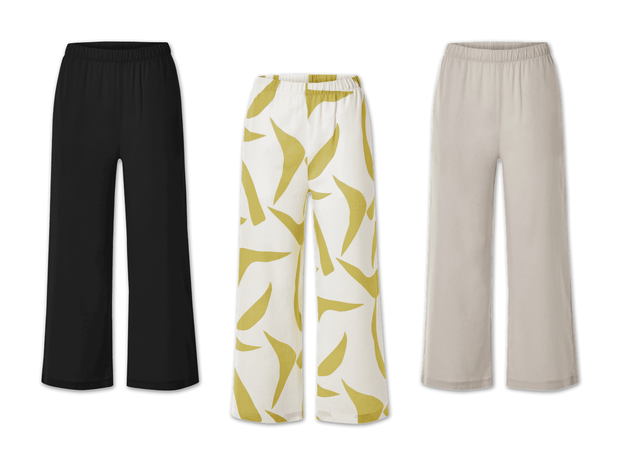 Drei Paar weite Hosen: schwarz, beige mit Vogelmuster und beige.