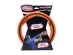 Orange and black flying ring in packaging, featuring a person and text about flying distance and soft catch.