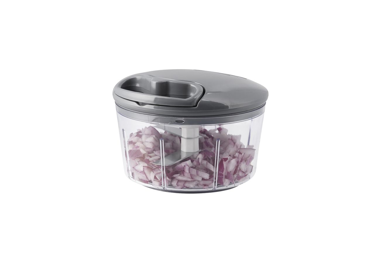 A gray manual food chopper with finely diced red onions inside.