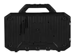 Back view of a black portable power station with a handle and ribbed surface