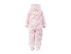 Pink children's waterproof overall with red heart pattern and reflective strips, back view.