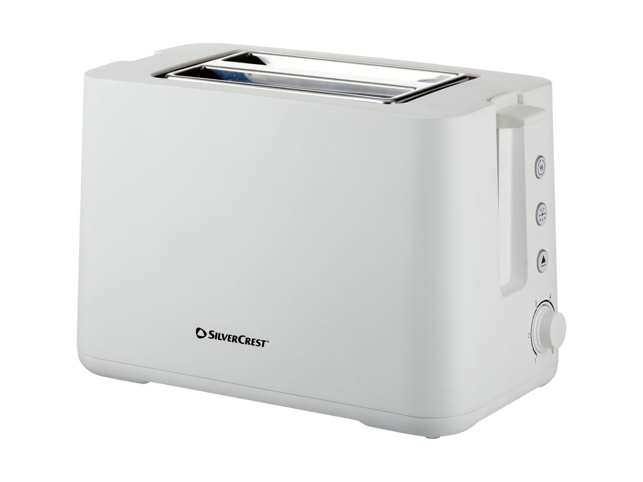 A white SilverCrest toaster with two slots and control buttons on the side.
