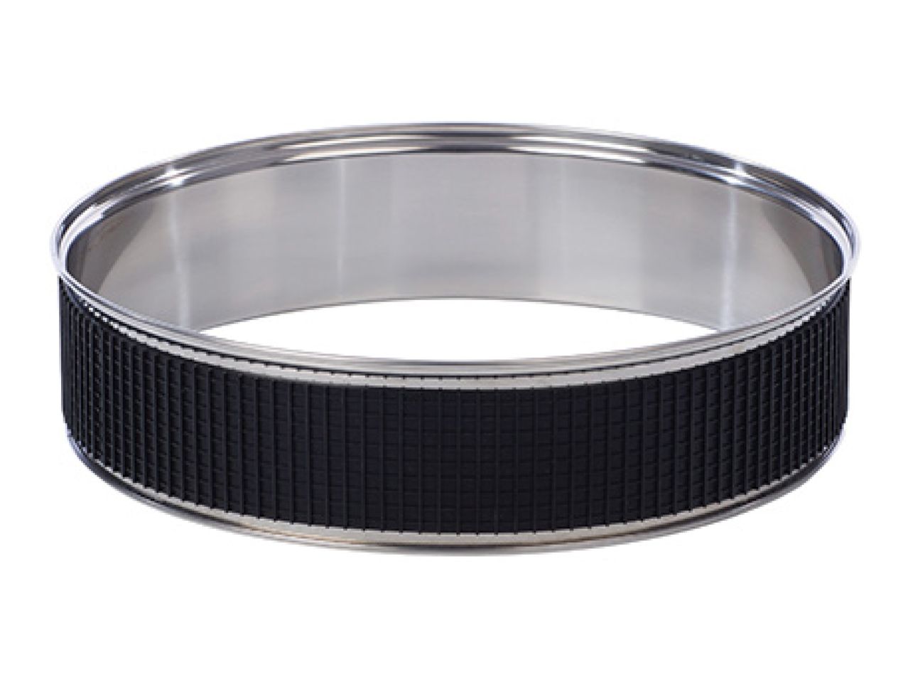 Stainless steel cake ring with a black textured silicone band