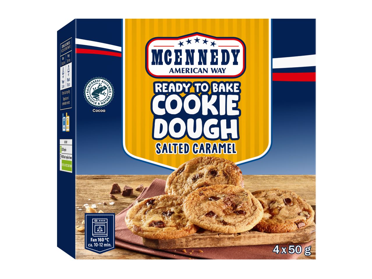 Ready to bake salted caramel cookie dough, 4 x 50g pack.