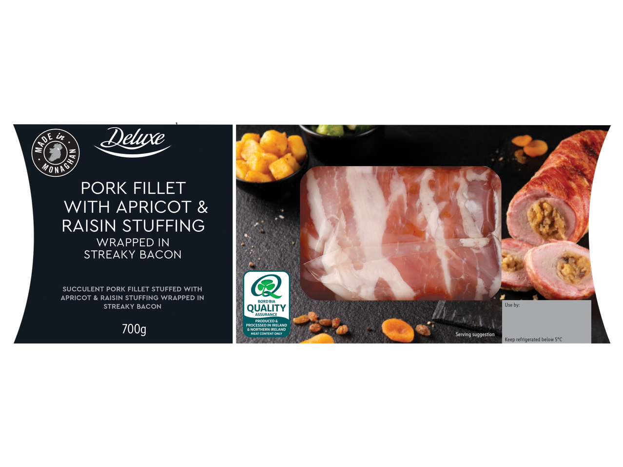 Deluxe Irish Stuffed Pork Fillet with Apricot & Raisin Stuffing, wrapped in streaky bacon.