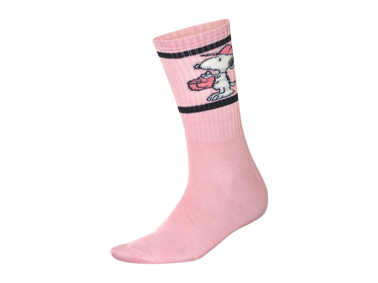 Pink Snoopy socks with black stripes.
