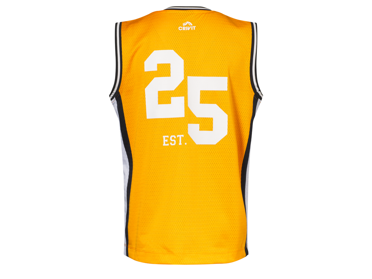Vedere din spate a unui tricou de baschet Crivit auriu cu numărul 25.