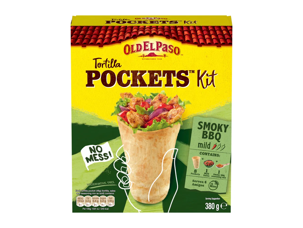 Tortilla Pockets Kit with Smoky BBQ flavor, mild, serving suggestion shown.