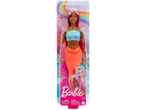 Mermaid doll with pink hair, blue top, and orange tail, in packaging with a warning label.