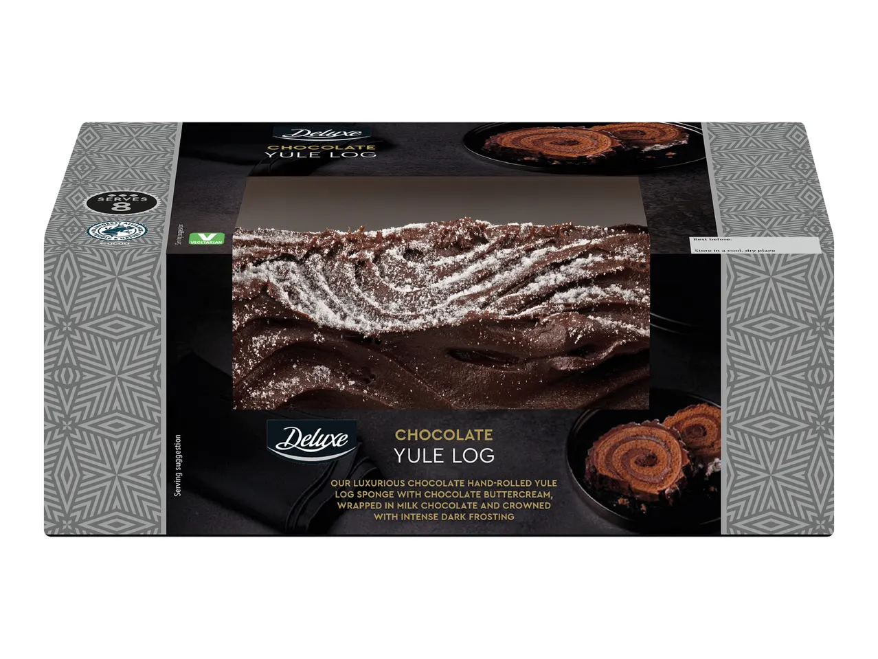 Deluxe Chocolate Yule Log, serves 8, with chocolate buttercream and intense dark frosting.