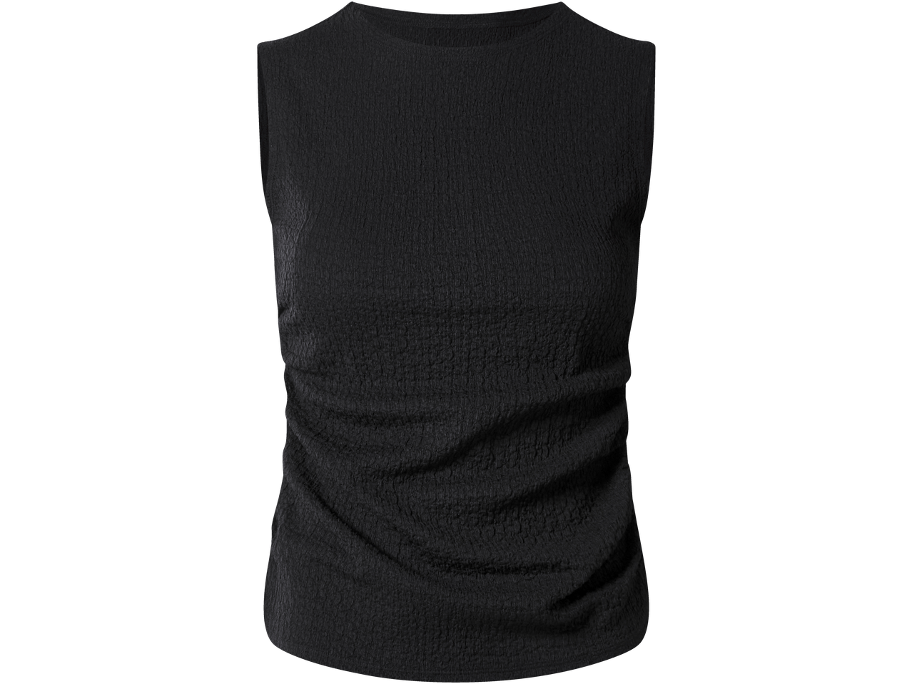Top sem mangas ESMARA preto texturizado, com pregas subtis na parte inferior.