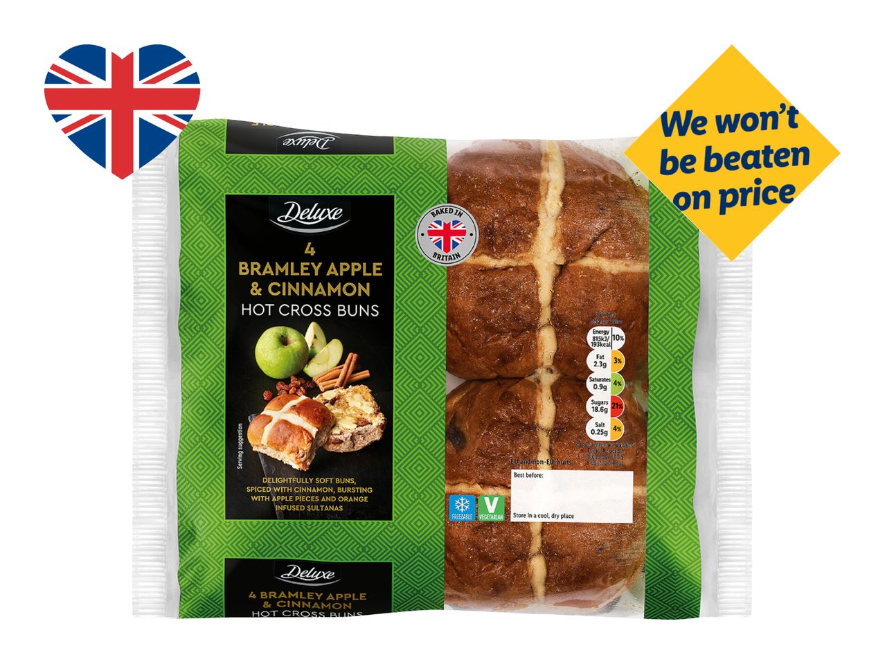 Packaging for 4 Bramley Apple & Cinnamon Hot Cross Buns, with a 'Baked in Britain' label and nutritional information.