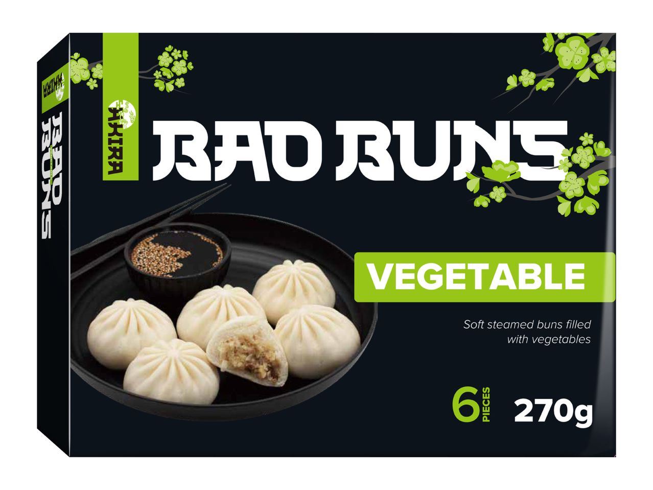 Frozen vegetable steamed buns with soy sauce, 6 pieces, 270g, on a dark background with green floral accents.