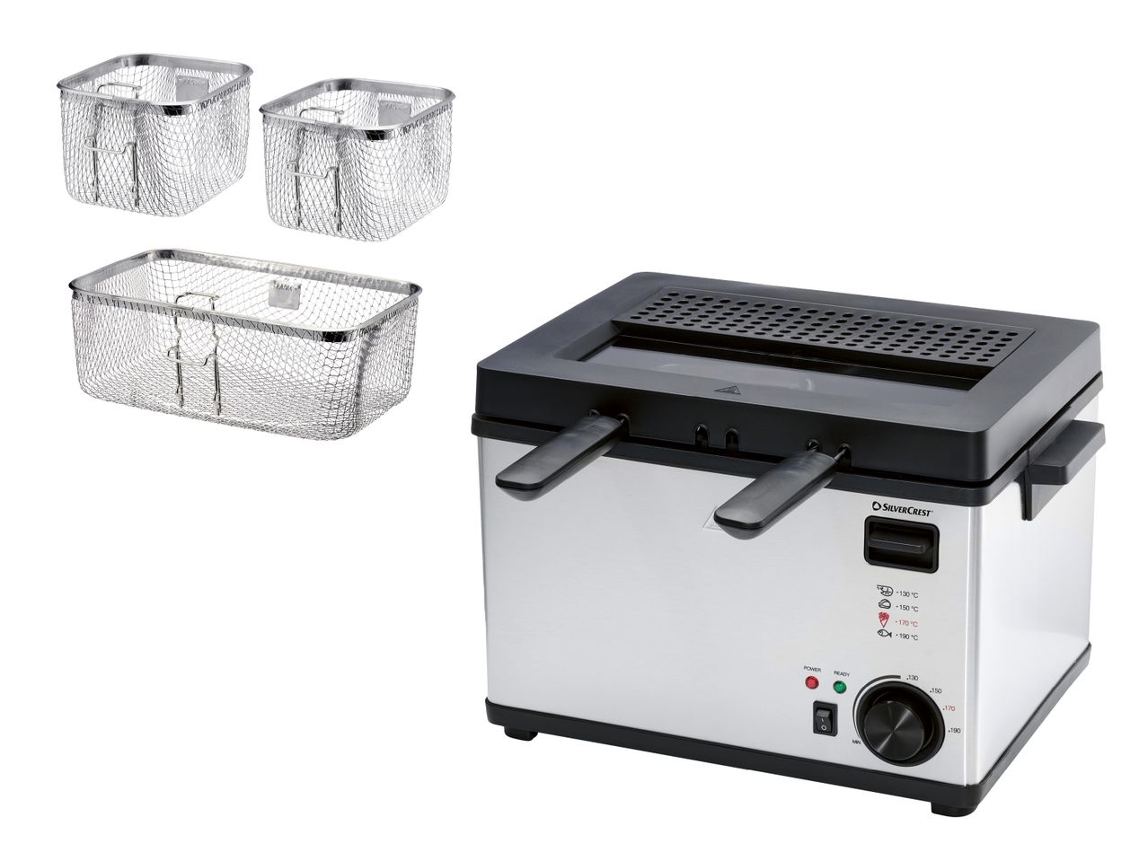 Fritteuse mit drei Frittierkörben und Temperaturregler von 130°C bis 190°C.