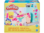 Play-Doh ice cream playset with a light blue ice cream maker, two tubs of modeling compound, and various molded desserts.