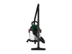 Wet and dry vacuum cleaner with a stainless steel tank and a long hose, side view.