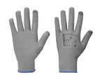 Two gray work gloves with blue cuffs, one showing the palm and the other the back.