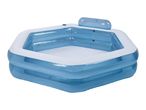 Blue and white inflatable hexagonal swimming pool with a headrest