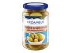 Un bocal d'olives vertes Kridianos marinées à l'ail et aux herbes.