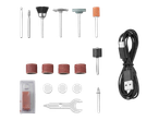 Acessórios para mini-furadeira elétrica: brocas, lixas, cabo USB.