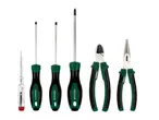 A set of screwdrivers, a voltage tester, and pliers with green and black handles.